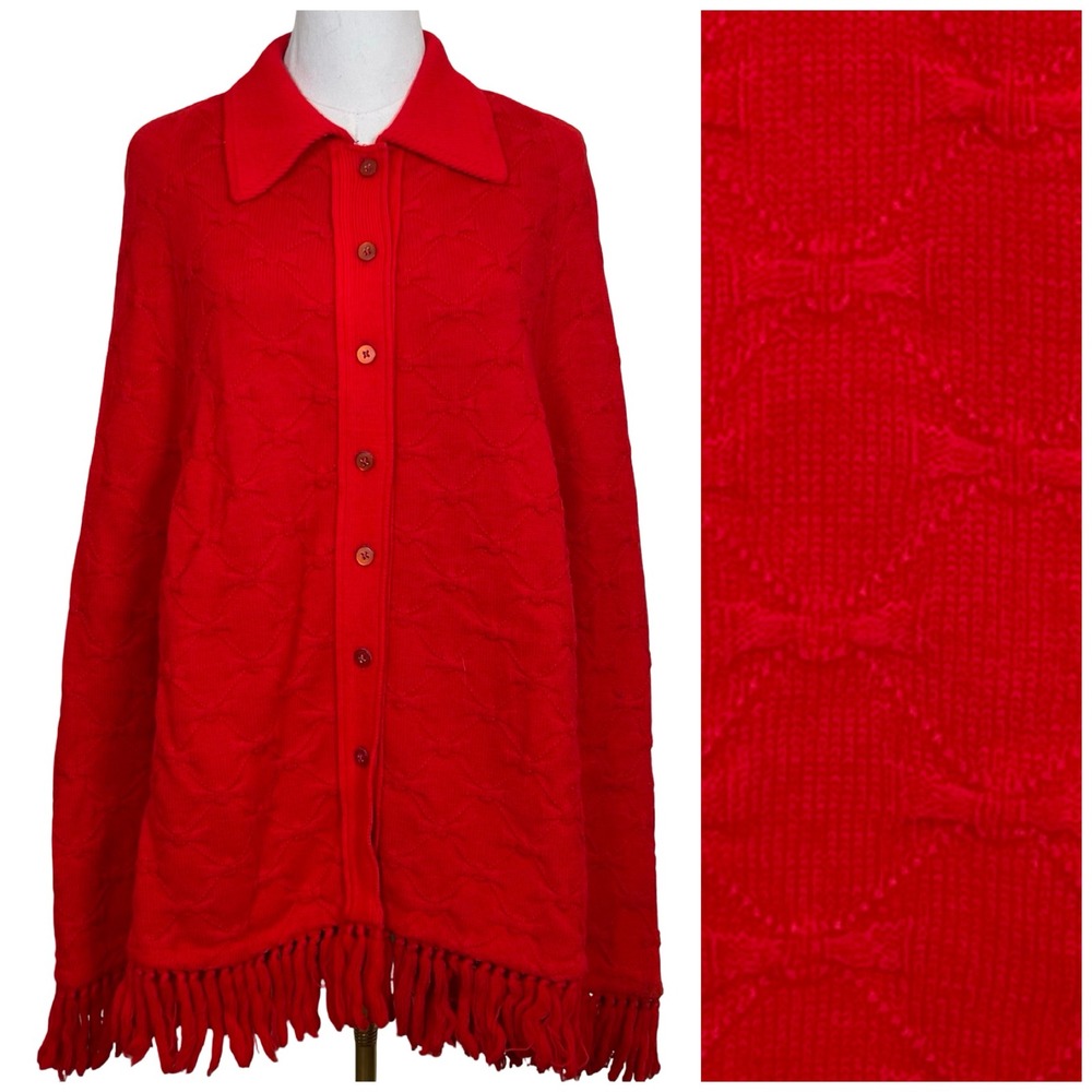 Cuddle Knit Vintage Poncho Cape Women Red Bow Knit‎ Fringe Button Front 70s Boho
